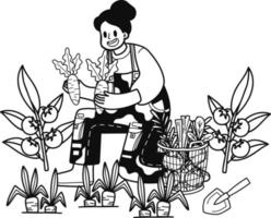 fêmea jardineiro plantio cenouras ilustração dentro rabisco estilo vetor