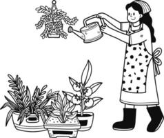 jovem mulher rega plantas ilustração dentro rabisco estilo vetor