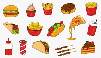 coleção colorida de adesivos de junk food desenhados à mão vetor