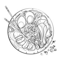 frango missô ramen sopa tigela com pauzinhos linha arte desenhando vetor ilustração.tradicional japonês cozinha.ramen topo Visão Preto e branco sketch.asian Comida