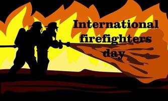 bandeira, poster ou modelo para a internacional dia do bombeiros com silhuetas do dois bombeiros extinção uma fogo. vetor ilustração para pode 4. bombeiros em a fundo do chamas