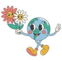 ano 2000 groovy terra dia desenho animado adesivo. de Meio Ambiente proteção. fofa terra personagem com flores vetor