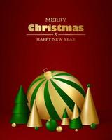 feliz Novo ano e alegre Natal cartão com ouro e verde 3d Natal bolas e abeto árvores