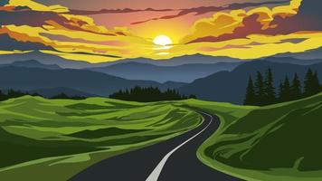 vetor ilustração do pôr do sol com esvaziar enrolamento estrada em direção a montanhas