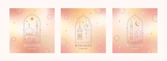 Ramadã kareem cartão, poster, feriado capas. coleção do islâmico cumprimento cartões, bandeira modelo. moderno lindo Projeto dentro geométrico minimalista estilo. na moda gradiente, quadros, estrelas, arcos. vetor