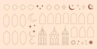 coleção do elementos dentro a oriental estilo do Ramadã kareem e eid mubarak, islâmico janelas, arcos, estrelas e lua, mesquita portas, mesquita cúpulas e lanternas. vetor