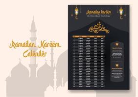 Ramadã Tempo calendário 2023 com oração vezes dentro Ramadã. Ramadã cronograma - jejum, iftar, e oração calendário. islâmico fundo Projeto com mesquita e lâmpada. vetor