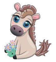 cavalo bonito dos desenhos animados, pônei para cartão com flores, balões, coração vetor