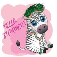 zebra fofa em traje de dançarina de hula, Havaí, personagem infantil. férias de verão, férias vetor