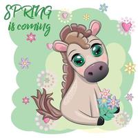 fofa desenho animado cavalo, pónei para cartão com flores, Primavera é chegando vetor