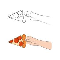 mão segurando uma peça do pizza. pizza fatiar, italiano velozes Comida. 1 linha arte. mão desenhado vetor ilustração.