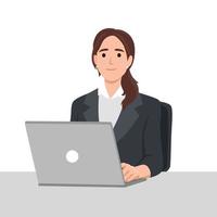 bonita mulher é sentado às Área de Trabalho. escritório empregado às a ambiente de trabalho. trabalhos às a computador portátil vetor