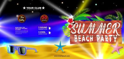 verão de praia festa bandeira folheto Projeto com oculos de sol em tropical ilha às noite vetor
