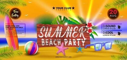 verão de praia festa bandeira folheto Projeto com oculos de sol e de praia bola em tropical ilha vetor