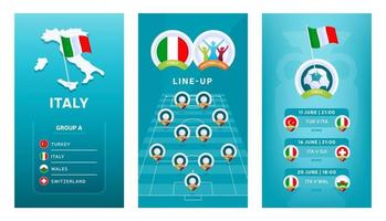 banner vertical do futebol europeu 2020 definido para mídias sociais. itália agrupa um banner com mapa isométrico, bandeira, cronograma de partidas e escalação no campo de futebol vetor