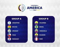 ilustração em vetor futebol América do Sul 2021 argentina colômbia. dois grupos a e grupo b torneio de futebol da fase final