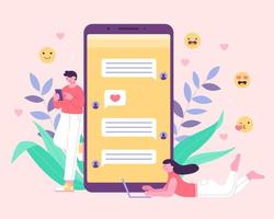 namoro aplicativo e virtual relação. colorida plano ilustração do casal comunicando através da aplicativo. mulher com computador portátil conversando com homem com telefone. vetor