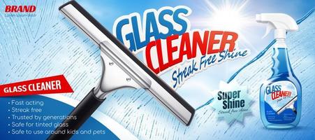 vidro limpador de Anúncios dentro 3d ilustração, limpeza vidro com uma rodo com brilhante luz do sol. spray garrafa pacote Projeto. vetor