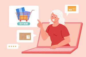 mais velho compras conectados em computador portátil. plano ilustração do idosos mulher fazer compra usando caderno vetor