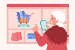 mais velho compras às conectados loja. plano ilustração do idosos mulher fazer compra com digital dispositivos vetor