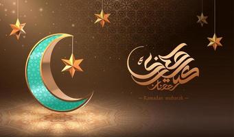 3d ilustração do turquesa crescente lua e estrelas sobre arabesco Castanho fundo, árabe caligrafia texto Ramadã e eid Mubarak vetor