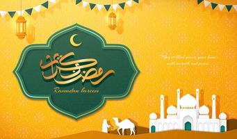 papercut estilo bandeira Projeto do deserto cenário com mesquita e camelo, árabe caligrafia texto Ramadã kareem para islâmico feriado, verde e amarelo tom vetor