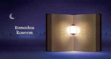 a piedosos livro do Alcorão aberto para a página do arabesco padronizar com uma brilhante fanous lanterna suspensão a partir de acima. ilustração em roxa estrelado noite fundo vetor