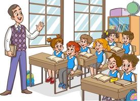 ilustração com crianças e professor dentro uma sala de aula. Educação ilustração. vetor interior. professor com alunos dentro uma sala de aula. primário escola crianças. crianças ouço para professor.