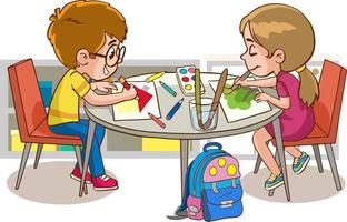 Garoto e menina sentar dentro perfil às a volta mesa e desenhar cenário com aguarela e lápis. desenhando atividade dentro a arte classe desenho animado vetor