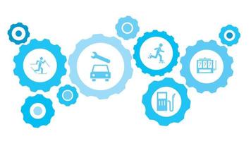 jogos máquina engrenagem azul ícone definir. abstrato fundo com conectado engrenagens e ícones para logística, serviço, envio, distribuição, transporte, mercado, comunicar conceitos vetor