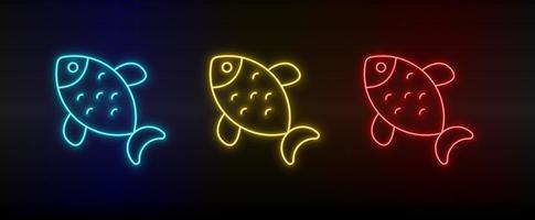 néon ícone conjunto peixe, Comida. conjunto do vermelho, azul, amarelo néon vetor ícone em Sombrio fundo