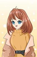 desenho animado anime linda garota com cabelo curto e vestindo roupas de inverno vetor