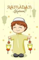 garotinho muçulmano comemorando o ramadan kareem com ilustração de desenho animado vetor