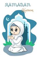 linda garota muçulmana rezando no ramadan kareem cartoon ilustração vetor