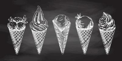 desenhado à mão esboço do waffle cones com gelo creme ou congeladas iogurte isolado em quadro-negro fundo, branco desenho. definir. vetor vintage gravado ilustração.