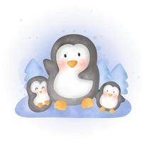 família de pinguins aquarela bonitos na floresta de neve. vetor