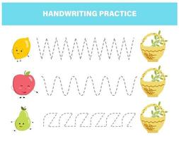 prática de caligrafia para crianças em idade pré-escolar. traçando linhas com o jogo educacional infantil de frutas coloridas. planilha para crianças vetor