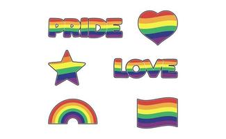 conjunto do lgbtq comunidade adesivos com bandeira, Estrela e coração formas com arco Iris cores. orgulho mês símbolos e slogan. gay parada ícones. vetor