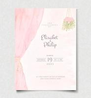 cortina aquarela rosa elegante e modelo de convite de casamento de flores vetor