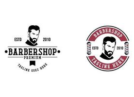 vintage barbearia logotipo modelo, retro estilo, com barbudo homem e barbearia vetor