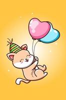 um gato fofo usando um chapéu de aniversário e pairando com dois balões vetor