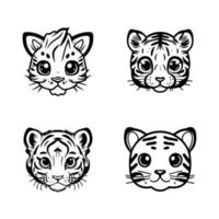 uma conjunto do mão retirou, fofa kawaii tigre cabeça logotipos, apresentando vários expressões e poses dentro encantador animê estilo ilustrações vetor