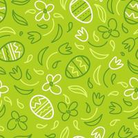 feliz Páscoa. desatado monocromático verde padronizar chocolate ovos, margaridas e tulipas. rabisco estilo. para papel de parede, impressão em tecido, invólucro. vetor