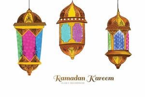 fundo de cartão de três lâmpadas islâmicas tradicionais coloridas do ramadan kareem vetor