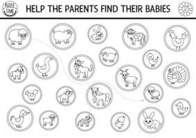 Preto e branco Fazenda Coincidindo atividade com animais e bebês. país linha enigma com coelho, vaca, galinha, cabra. mães dia jogo. mãe e criança coloração página. em a Fazenda Combine acima imprimível vetor