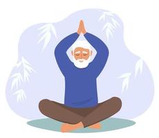 a idosos homem com uma cinzento barba senta dentro uma lótus posição. Vovô faz ioga. medita. conduz uma saudável estilo de vida. vetor gráficos.