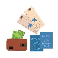 conjunto de coisas necessárias para voos estrangeiros, passaportes, passagens aéreas e carteira com dinheiro, viagens, ícone de vetor em estilo simples em um fundo branco.