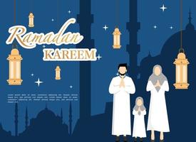 Ramadã kareem parabéns conceito com família personagens, Ramadã conceito ilustração. feliz muçulmano pessoas a comemorar a piedosos mês do Ramadã, eid saudações. vetor ilustração