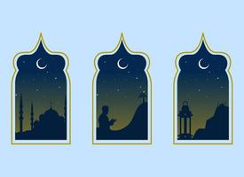 Ramadã kareem ilustração com mesquita silhueta e luz das estrelas e lua, fundo o negócio rótulo, convite modelo, social meios de comunicação, etc. Ramadã kareem temático plano vetor ilustração.