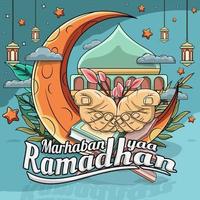 ilustração do fofa desenho animado islâmico cumprimento marhaban sim Ramadhan vetor